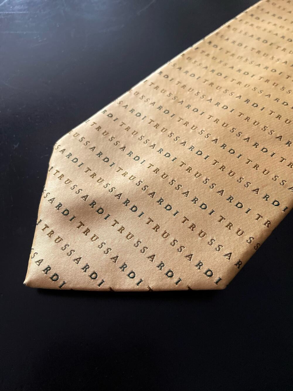 TRUSSARDI Gold Logo Type Print Silk Tie